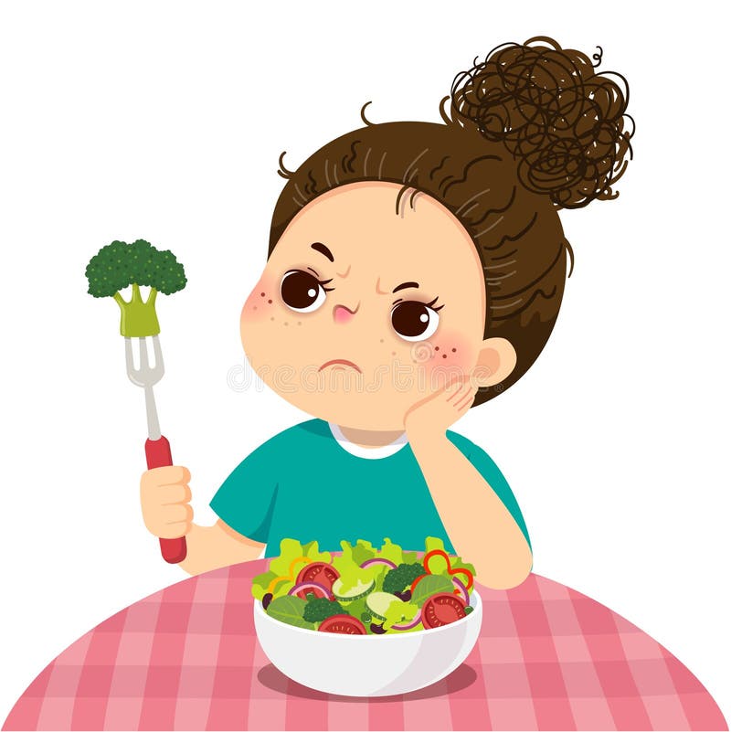 Vignetta di una ragazza infelice: non vuole mangiare insalata di verdure fresche illustrazione di stock