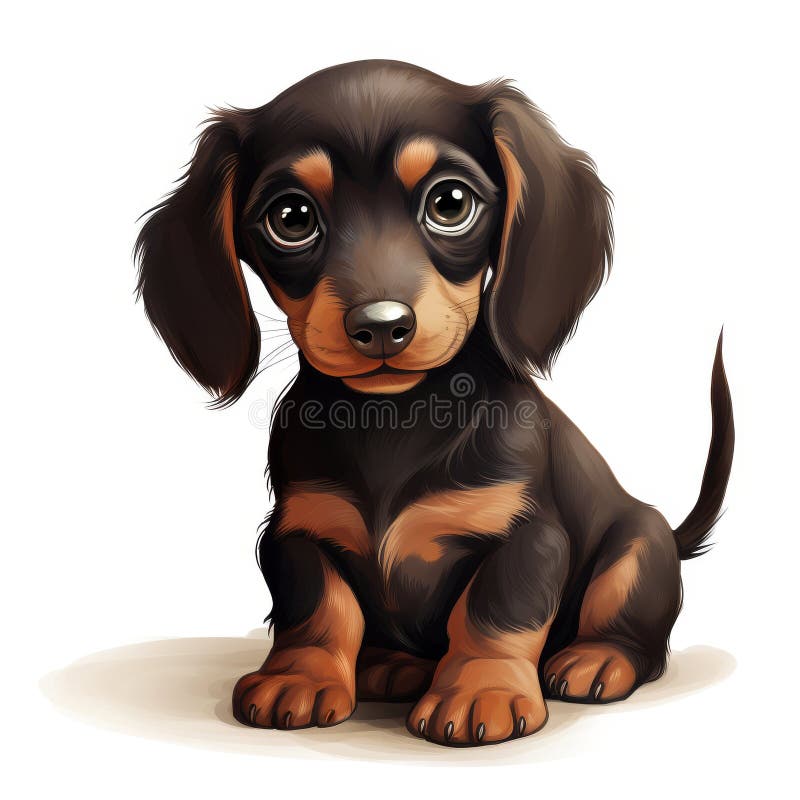 Vignetta digitale raffigurante un cucciolo di dachshund carino con grandi occhi e orecchie floppy sedute su fondo bianco illustrazione di stock