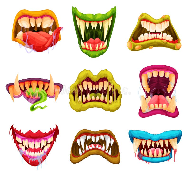 Cartoon monster werewolf and vampire jaws with sharp fangs and tongues, vector Halloween masks. Monster moth of scary evil smile faces of beast, zombie or alien horror creature and devil jaw teeth. Cartoon monster werewolf and vampire jaws with sharp fangs and tongues, vector Halloween masks. Monster moth of scary evil smile faces of beast, zombie or alien horror creature and devil jaw teeth