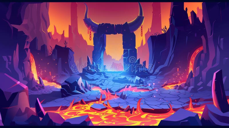 Modern cartoon illustration with a hot lava lake and ancient stone altar with devil horns and liquid magma flows.. AI generated. Modern cartoon illustration with a hot lava lake and ancient stone altar with devil horns and liquid magma flows.. AI generated