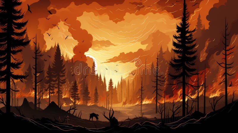 Vignetta sugli incendi boschivi sugli animali illustrazione di stock