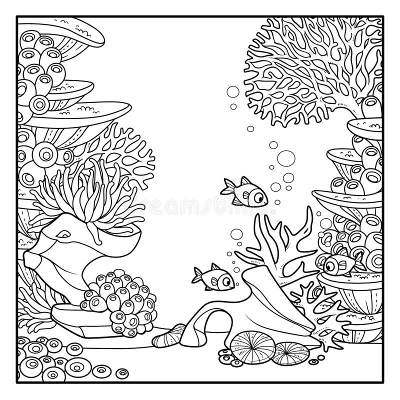 Vignetta sul mondo sottomarino con coralli e anemoni i pesci nuotano nelle vicinanze per essere colorati illustrazione di stock