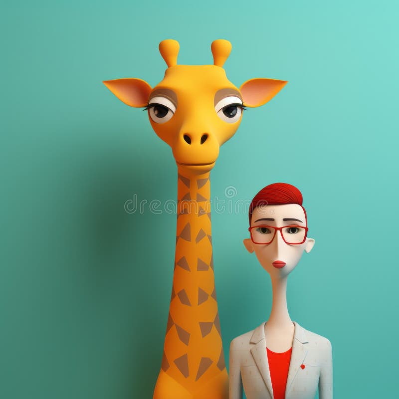 Vignetta tridimensionale : giraffa e betty. Due donne sono viste in piedi dietro due giraffe 3d su uno stand per giraffe. le giraffe sono progettate in uno stile di carattere espressivo che assomiglia a ritratti minimalistici e gifs animati. l'aspetto generale è composto da caricature comiche e satiriche. l'immagine ha una bassa profondità di campo che si aggiunge al suo fascino artistico. prodotto ai