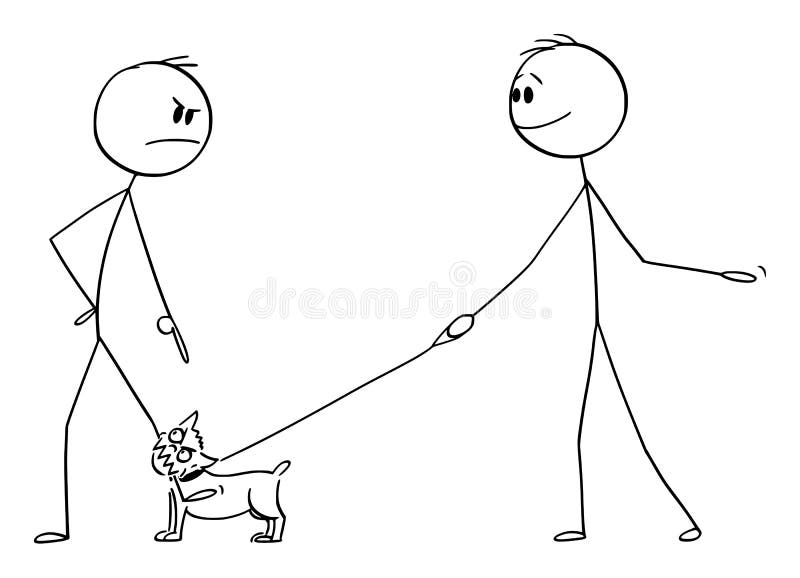 Vignetta vettoriale di un uomo arrabbiato con un piccolo cane aggressivo o chihuahua al guinzaglio o morso di piombo alla gamba royalty illustrazione gratis