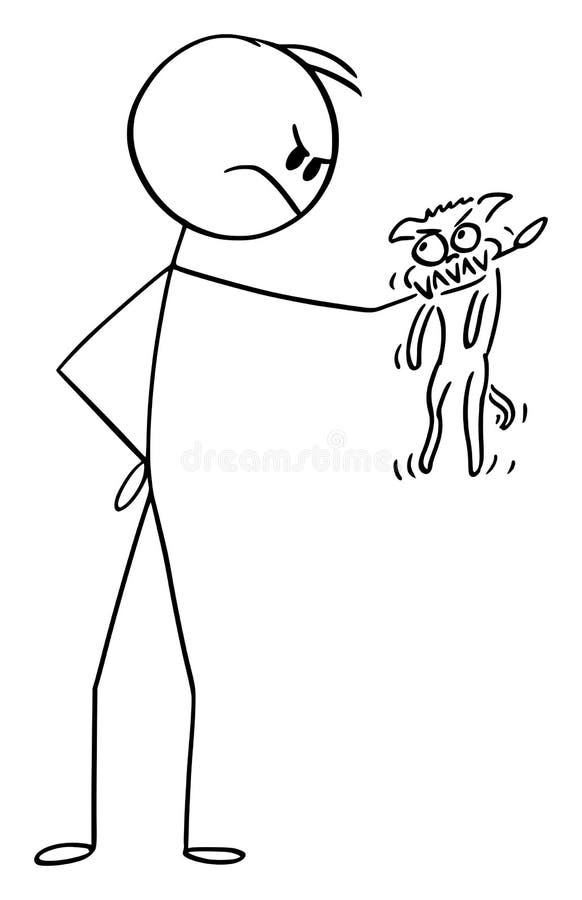 Vignetta vettoriale raffigurante un uomo arrabbiato con un piccolo cane aggressivo o chihuahua morso al braccio royalty illustrazione gratis