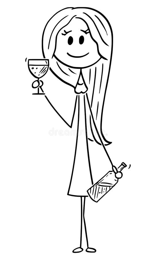 Vignetta vettoriale raffigurante una giovane donna sorridente che posava con vetro da bere e bottiglia di vino