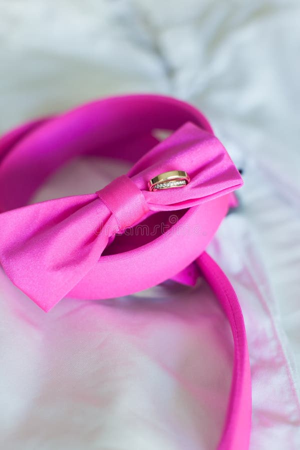 Vigselringar och rosa fluga arkivfoton Vigselringar och rosa fluga arkivfoton