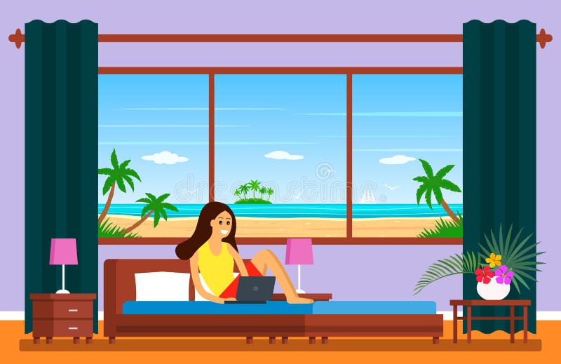 Vijfsterrenhotelruimte met panoramisch venster die het strand overzien Een jong meisje zit op een bed met laptop Het concept van stock illustratie Vijfsterrenhotelruimte met panoramisch venster die het strand overzien Een jong meisje zit op een bed met laptop Het concept van stock illustratie
