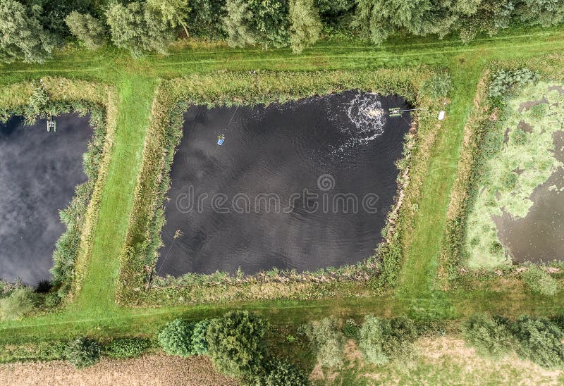 Vijver van een visteelt, luchtfoto verticaal van hierboven stock afbeeldingen Vijver van een visteelt, luchtfoto verticaal van hierboven stock afbeeldingen