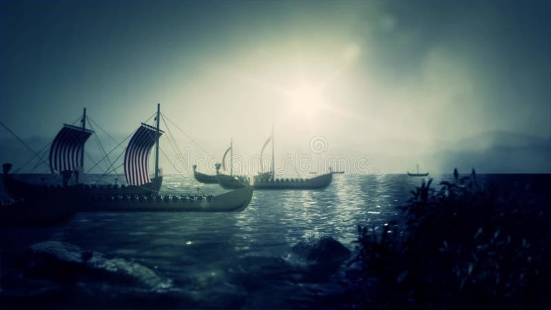 Viking Battle Ships Sailing a una costa