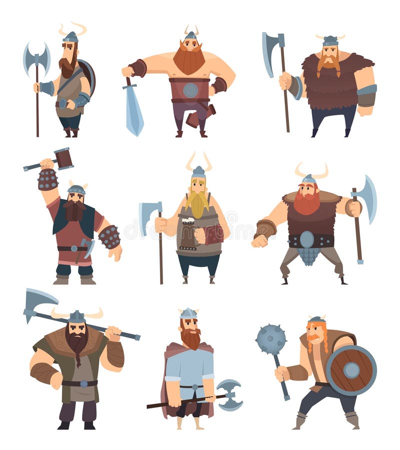 Viking cartoon. Mythology of medieval warrior norse people vector characters royalty free illustration Viking cartoon. Mythology of medieval warrior norse people vector characters royalty free illustration