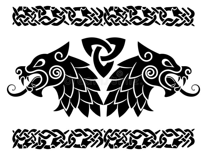 Viking design Scandinavian pattern and Wolves of Odin  Geri and Freki  Stock Vector Image  Art  Alamy