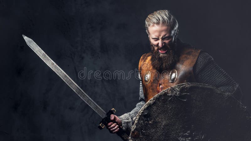 Viking dressed in Nordic armor holds a shield and silver sword.