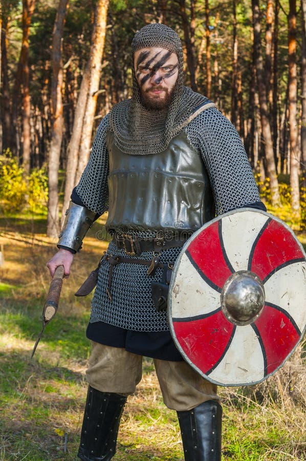 Viking Holding Sword Shield Over Wild Nature Background Stock Photos ...