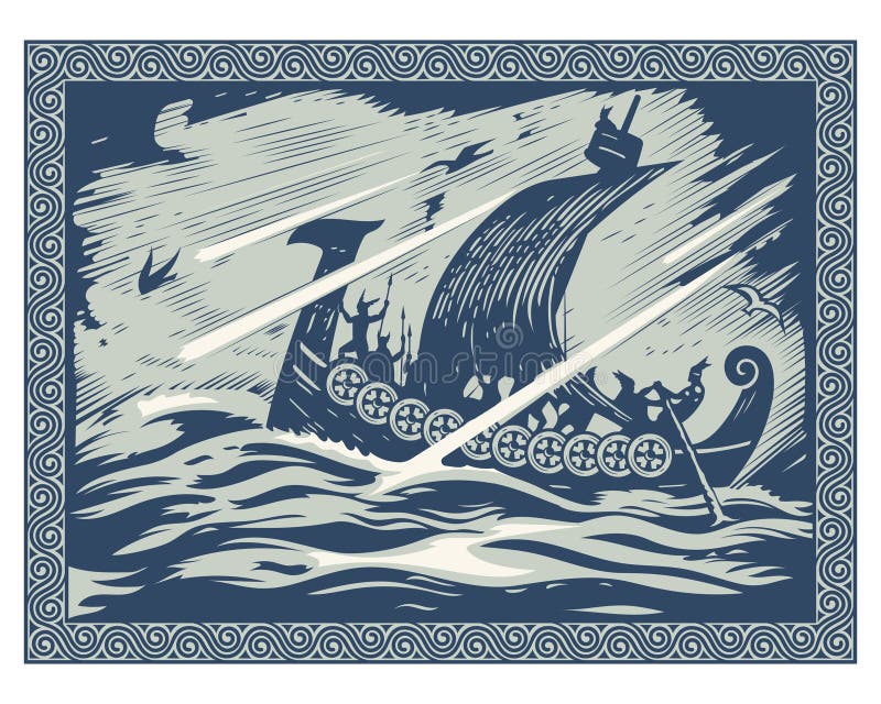 Viking-ontwerp Drakkar die in een stormachtige overzees varen In het kader van het Skandinavische patroon royalty-vrije illustratie Viking-ontwerp Drakkar die in een stormachtige overzees varen In het kader van het Skandinavische patroon royalty-vrije illustratie