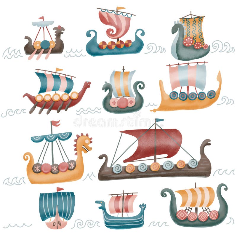 Viking scandinavian draccars set, Norman ship with color textured Illustrations isolated on a white background. 11 stock illustration Viking scandinavian draccars set, Norman ship with color textured Illustrations isolated on a white background. 11 stock illustration