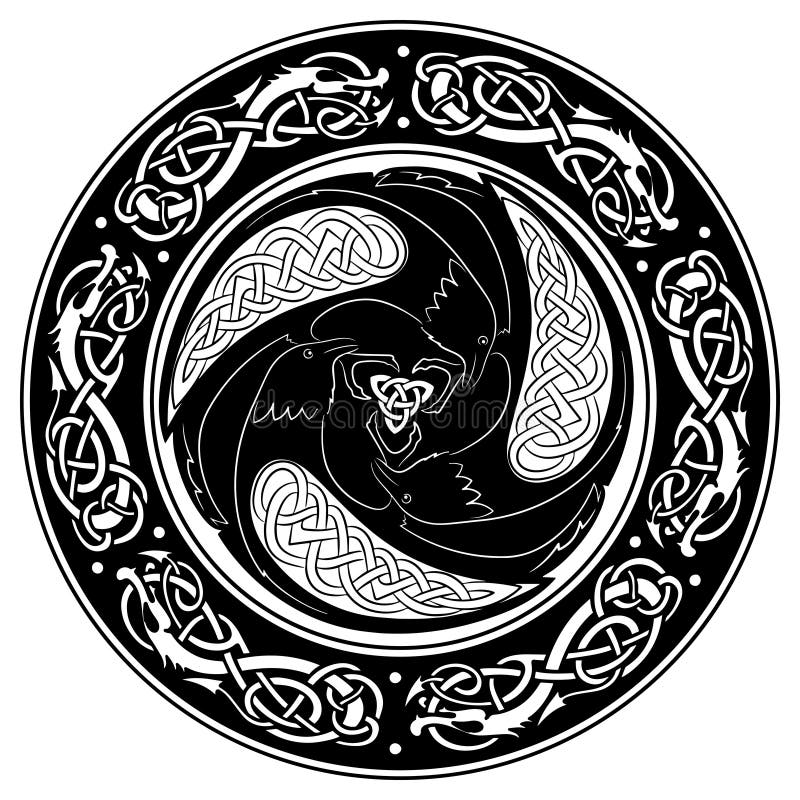 Viking-schild, met een Skandinavisch patroon en Raven van God Odin wordt verfraaid die vector illustratie Viking-schild, met een Skandinavisch patroon en Raven van God Odin wordt verfraaid die vector illustratie