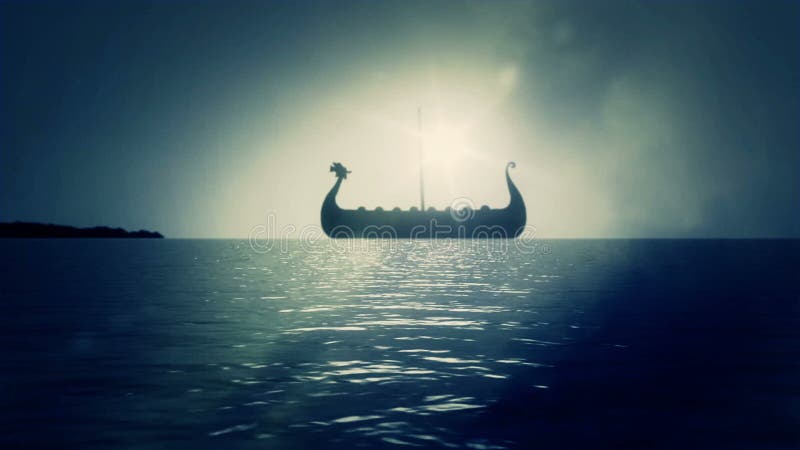 Viking Ship Sailing Slowly en el mar para apuntalar alcanzar la tierra