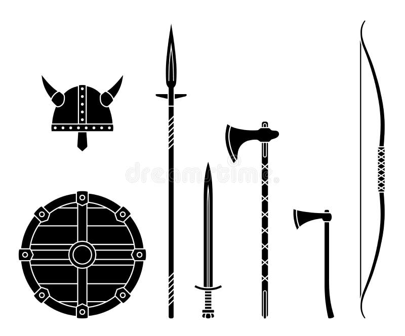 Viking weapons - old medieval shield, helmet, hatchet, sword, ax, axe, bow, spear. Set of warrior equipment.