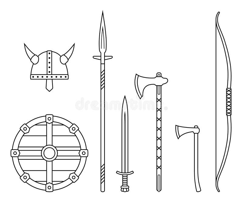 Viking weapons - old medieval shield, helmet, hatchet, sword, ax, axe, bow, spear. Set of warrior equipment.