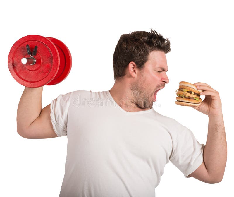 Fat man lifts weights eating a sandwich. Fat man lifts weights eating a sandwich