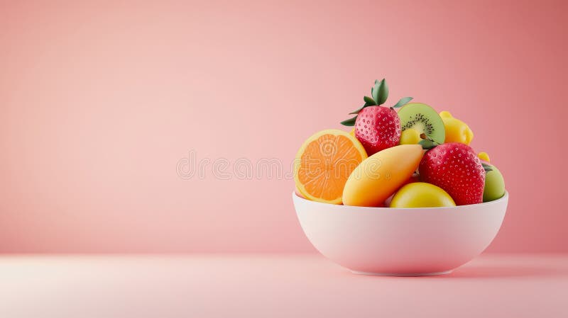 Viktig 3d-rendering av en frisk fruktskål på en slät gradientbakgrund med olika färska frukter för välmående stock illustrationer