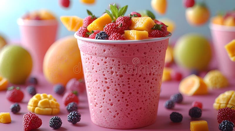 Viktig 3d-tecknad smoothie-kopp med flytande tropiska frukter royaltyfri illustrationer