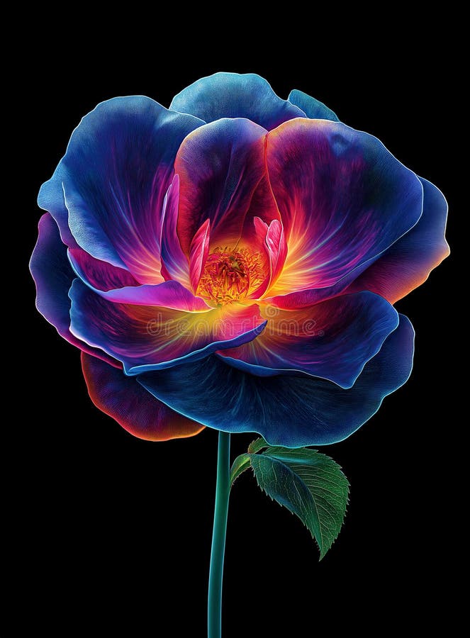 Viktig neonhued rose med belysta petaler mot svart bakgrund i modern digital konst stock illustrationer