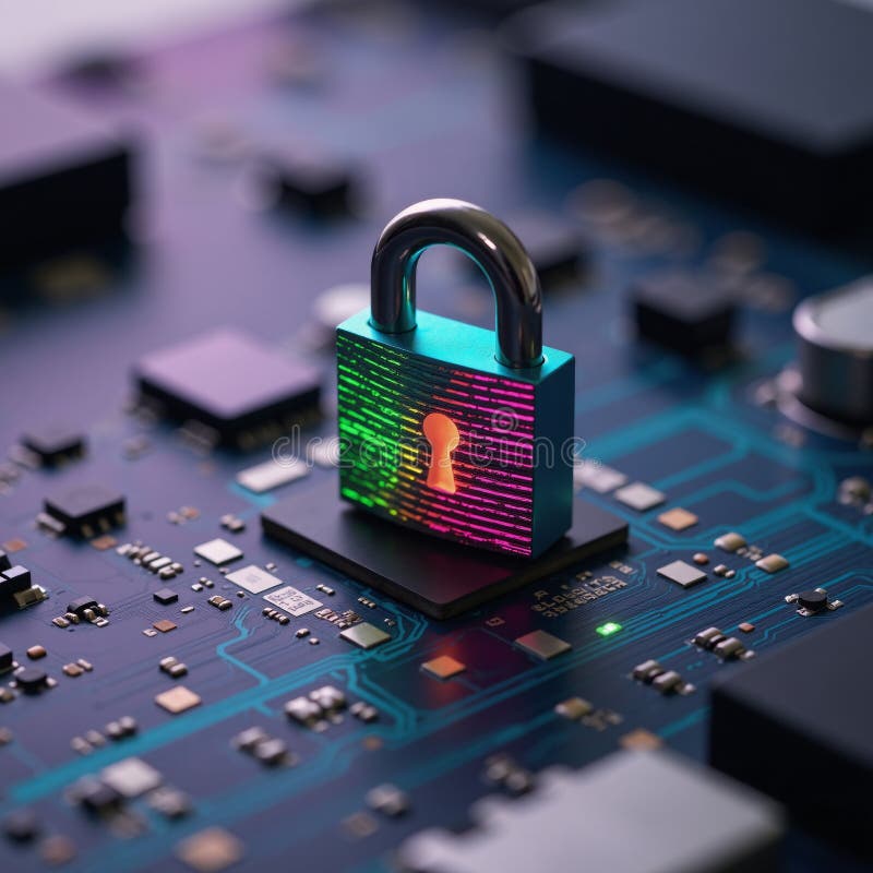 Viktig symbol för padlock för cybersäkerhet över ett komplext kretskort med ett strömmande dataflöde vektor illustrationer