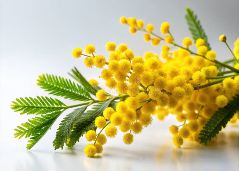 Viktiga gula mimosa-blommor med pristinvit bakgrund ett firande av att fjädrar kommer in i exquisit floral royaltyfri illustrationer