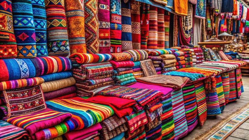 Viktiga handvävda filtar och borddukar på pisakmarknaden i cusco genomför en färgstark uppvisning av andea textilier royaltyfri illustrationer