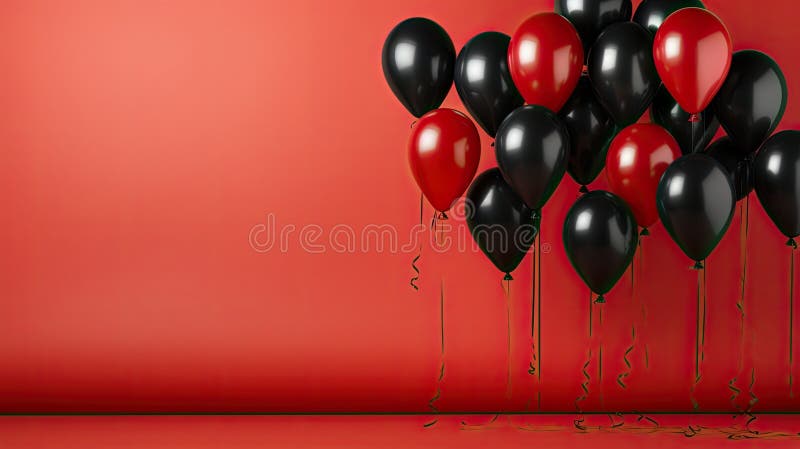 Viktiga röda och svarta ballonger mot fet röd bakgrund generativeai.