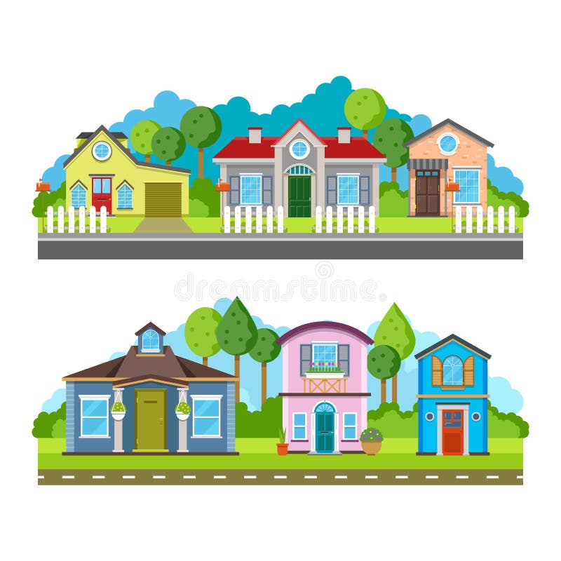 Residential village houses flat vector illustration, urban landscape. Street with building facade and green trees. Residential village houses flat vector illustration, urban landscape. Street with building facade and green trees