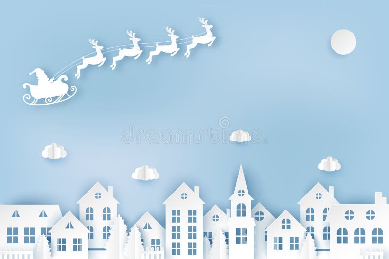 Winter urban countryside landscape village with cute paper houses, pine trees and Santa with deers flying in the sky. Merry Christmas and New Year paper art background. Winter urban countryside landscape village with cute paper houses, pine trees and Santa with deers flying in the sky. Merry Christmas and New Year paper art background