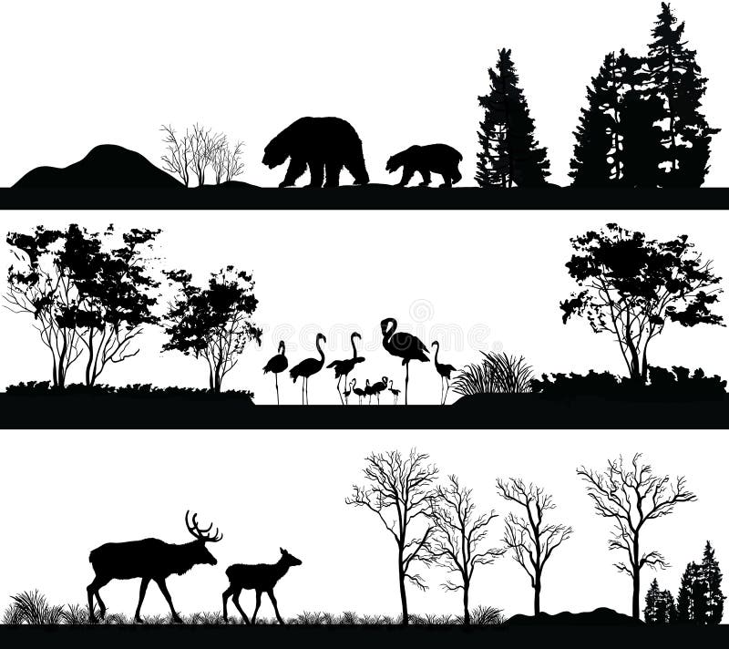 Vilda djur (björn, flamingo, hjortar) i olika livsmiljöer stock illustrationer Vilda djur (björn, flamingo, hjortar) i olika livsmiljöer stock illustrationer