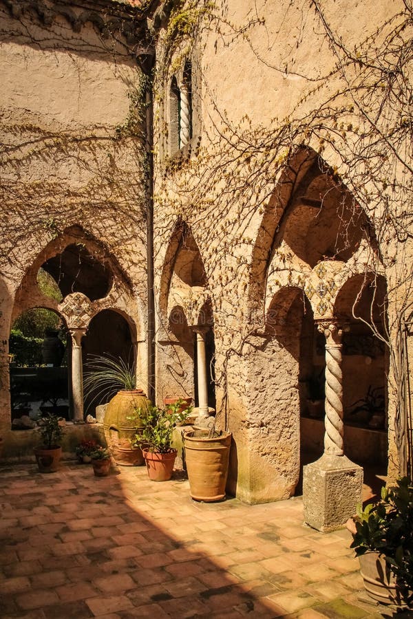 Villa Cimbrone. Ravello. Campania. Italy. Cloister and inner courtyard in Villa Cimbrone. Ravello. Campania. Salerno. Italy stock image Villa Cimbrone. Ravello. Campania. Italy. Cloister and inner courtyard in Villa Cimbrone. Ravello. Campania. Salerno. Italy stock image