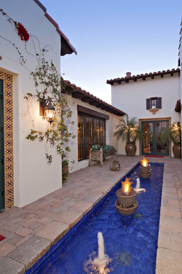 Courtyard with Fountain and Trees on a Sunny Day Stock Image Image of