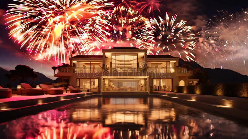 Villa de luxe avec piscine sous un spectaculaire feu d'artifice la nuit. Célébrer la richesse succès et l'élégance dans illustration de vecteur