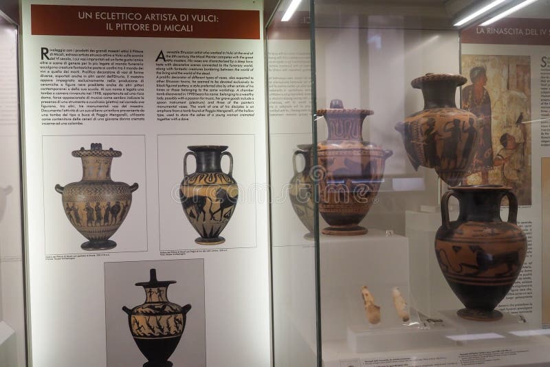 Ceramic of Vulci in the ground floor of Villa Giulia today the National Etruscan Museum in Rome, Italy. Created in 1899, the Etruscan Museum of Villa Giulia houses works from pre-Roman Italian antiquity, especially from the Etruscan world. Among the museum’s most valuable objects are a sarcophagus from the year 520 BC, as well as several terracotta figures such as the Apollo of Veii and the image of Hercules and Apollo vying for the deer, both from 510 BC. The museum also presents a great collection of precious objects from antiquity to the 19th century. Ceramic of Vulci in the ground floor of Villa Giulia today the National Etruscan Museum in Rome, Italy. Created in 1899, the Etruscan Museum of Villa Giulia houses works from pre-Roman Italian antiquity, especially from the Etruscan world. Among the museum’s most valuable objects are a sarcophagus from the year 520 BC, as well as several terracotta figures such as the Apollo of Veii and the image of Hercules and Apollo vying for the deer, both from 510 BC. The museum also presents a great collection of precious objects from antiquity to the 19th century.