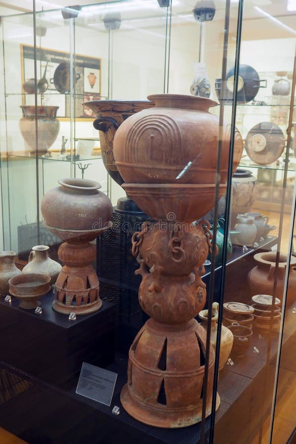 Grave goods originating from the Faliscan territory in the National Etruscan Museum of Villa Giulia in Rome, Italy. The goods dates from the seventh century B.C. They document the influence of the Etruscan on the populations like the Faliscan due to the geographic proximity in the northern Lazio, on the Etruscan side of the Tiber River and are intimately correlated to the creation of the museum of Villa Giulia. Created in 1899, the Etruscan Museum of Villa Giulia houses works from pre-Roman Italian antiquity, especially from the Etruscan world. Among the museum’s most valuable objects are a sarcophagus from the year 520 BC, as well as several terracotta figures such as the Apollo of Veii and the image of Hercules and Apollo vying for the deer, both from 510 BC. The museum also presents a great collection of precious objects from antiquity to the 19th century. Grave goods originating from the Faliscan territory in the National Etruscan Museum of Villa Giulia in Rome, Italy. The goods dates from the seventh century B.C. They document the influence of the Etruscan on the populations like the Faliscan due to the geographic proximity in the northern Lazio, on the Etruscan side of the Tiber River and are intimately correlated to the creation of the museum of Villa Giulia. Created in 1899, the Etruscan Museum of Villa Giulia houses works from pre-Roman Italian antiquity, especially from the Etruscan world. Among the museum’s most valuable objects are a sarcophagus from the year 520 BC, as well as several terracotta figures such as the Apollo of Veii and the image of Hercules and Apollo vying for the deer, both from 510 BC. The museum also presents a great collection of precious objects from antiquity to the 19th century.