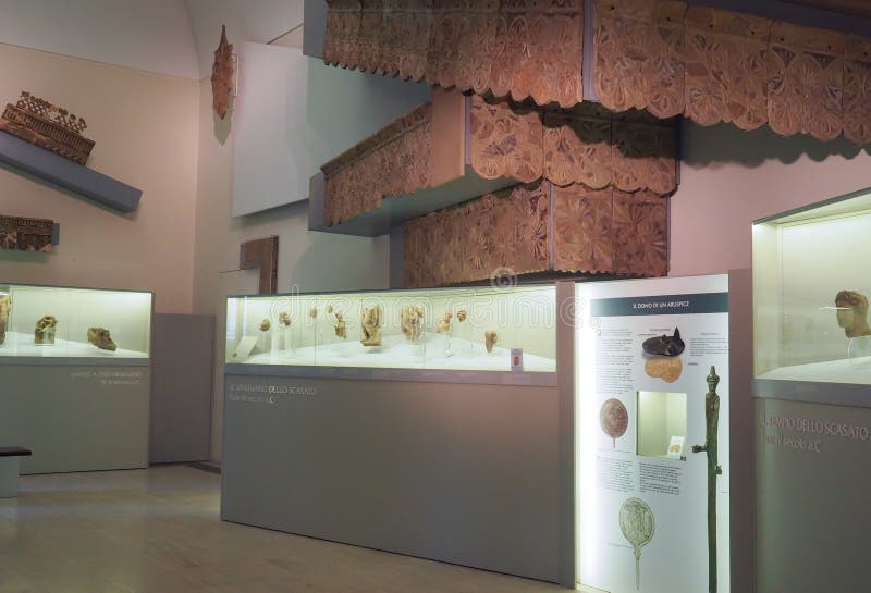 Remains of the temple of Apollos in the sacred area of the city of Falerii in the National Etruscan Museum of Villa Giulia in Rome, Italy. The remains of the temple of the so called Scasato dedicated to Apollos date from the late fourth to the third century B.C. and document the influence of the Etruscan on the populations like the Faliscan due to the geographic proximity in the northern Lazio, on the Etruscan side of the Tiber River. Created in 1899, the Etruscan Museum of Villa Giulia houses works from pre-Roman Italian antiquity, especially from the Etruscan world. Among the museum’s most valuable objects are a sarcophagus from the year 520 BC, as well as several terracotta figures such as the Apollo of Veii and the image of Hercules and Apollo vying for the deer, both from 510 BC. The museum also presents a great collection of precious objects from antiquity to the 19th century. Remains of the temple of Apollos in the sacred area of the city of Falerii in the National Etruscan Museum of Villa Giulia in Rome, Italy. The remains of the temple of the so called Scasato dedicated to Apollos date from the late fourth to the third century B.C. and document the influence of the Etruscan on the populations like the Faliscan due to the geographic proximity in the northern Lazio, on the Etruscan side of the Tiber River. Created in 1899, the Etruscan Museum of Villa Giulia houses works from pre-Roman Italian antiquity, especially from the Etruscan world. Among the museum’s most valuable objects are a sarcophagus from the year 520 BC, as well as several terracotta figures such as the Apollo of Veii and the image of Hercules and Apollo vying for the deer, both from 510 BC. The museum also presents a great collection of precious objects from antiquity to the 19th century.