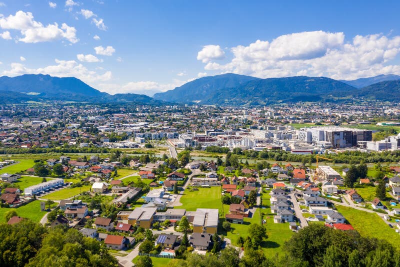 Villach and Drava river in Carinthia, panorama view. Small town in the South of Austria, Europe