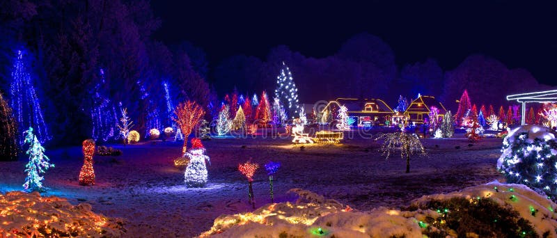 Village in Christmas Lights, Panoramic View Stock Image - Image of ...