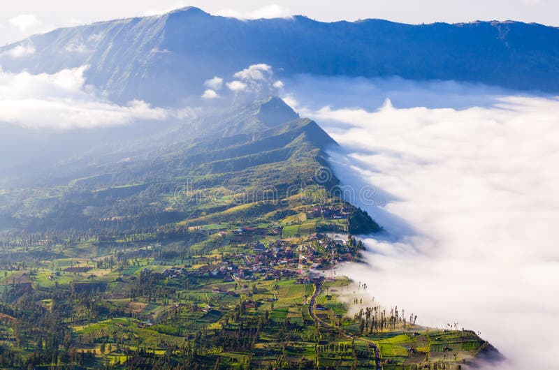 Village and Cliff at Bromo Volcano, Indonesia
