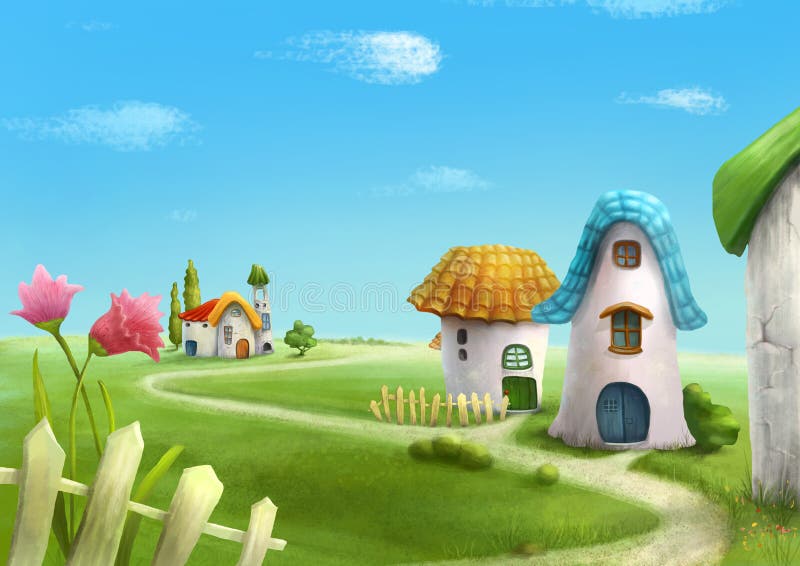 Village de pays du pays des merveilles Horizontal féerique illustration de vecteur Village de pays du pays des merveilles Horizontal féerique illustration de vecteur