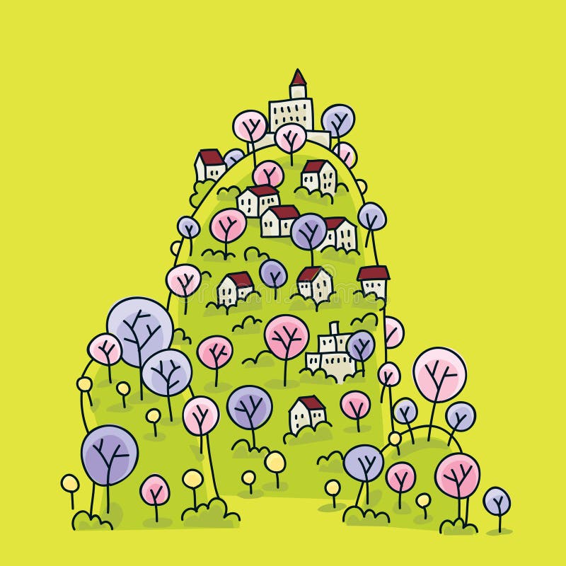 Village on a Hill stock illustration