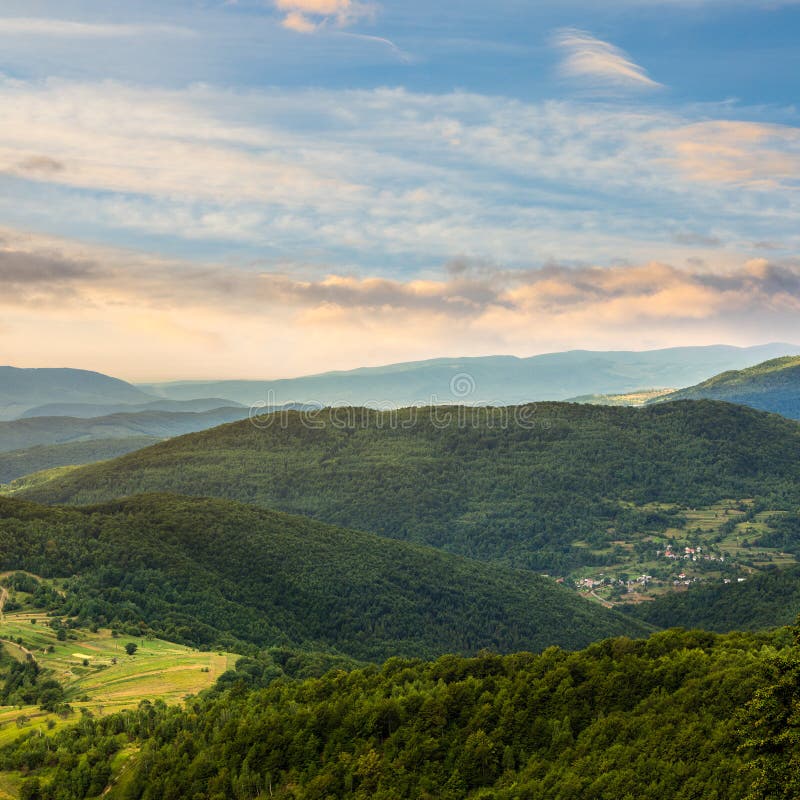 Village on hillside meadow with forest in mountain