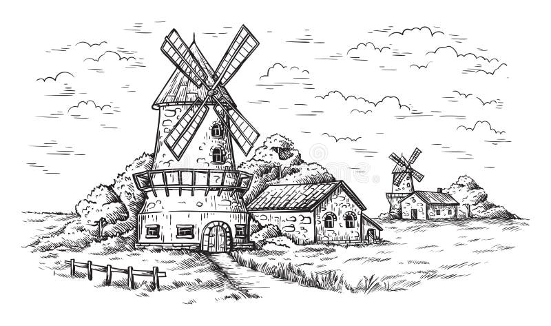 Village near a wheat field and a windmill drawn by hand