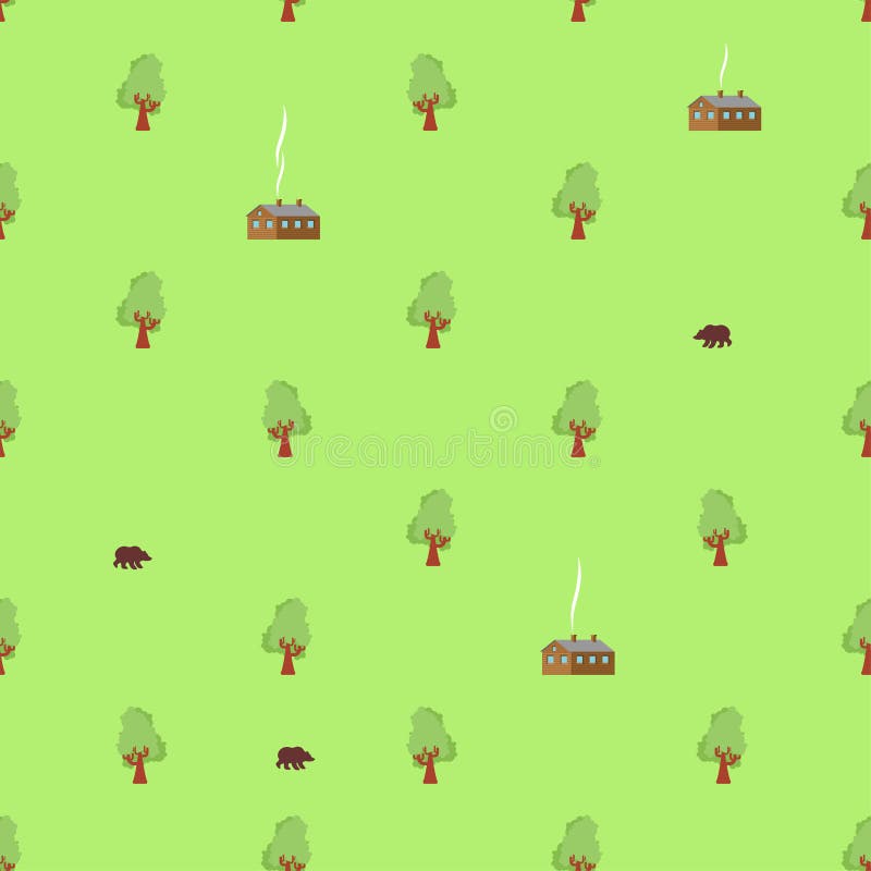 Village pattern seamless. Shed in woods. forest Grizzly bear background. Wooden house and trees. Vector ornament vector illustration Village pattern seamless. Shed in woods. forest Grizzly bear background. Wooden house and trees. Vector ornament vector illustration