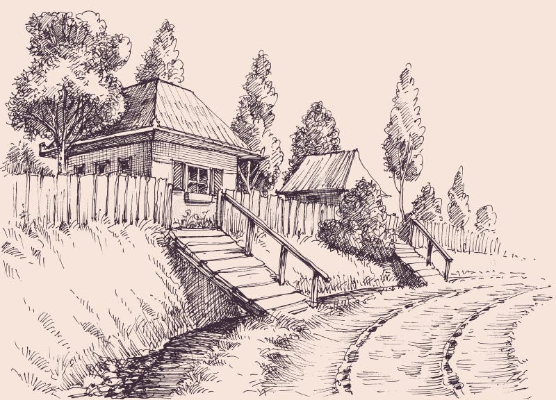 Village road, small old houses sketch
